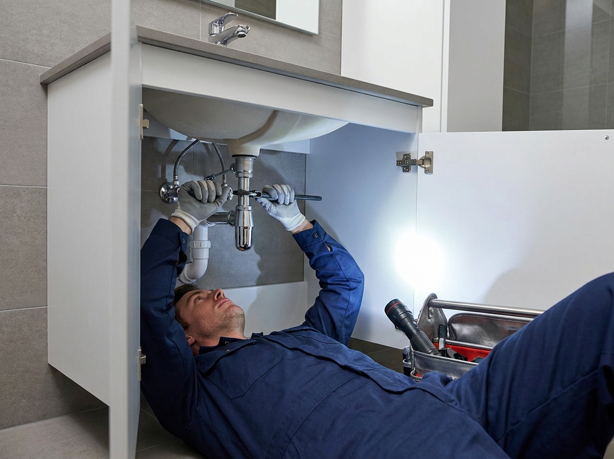 Plumbing fittings and pipes under a sink